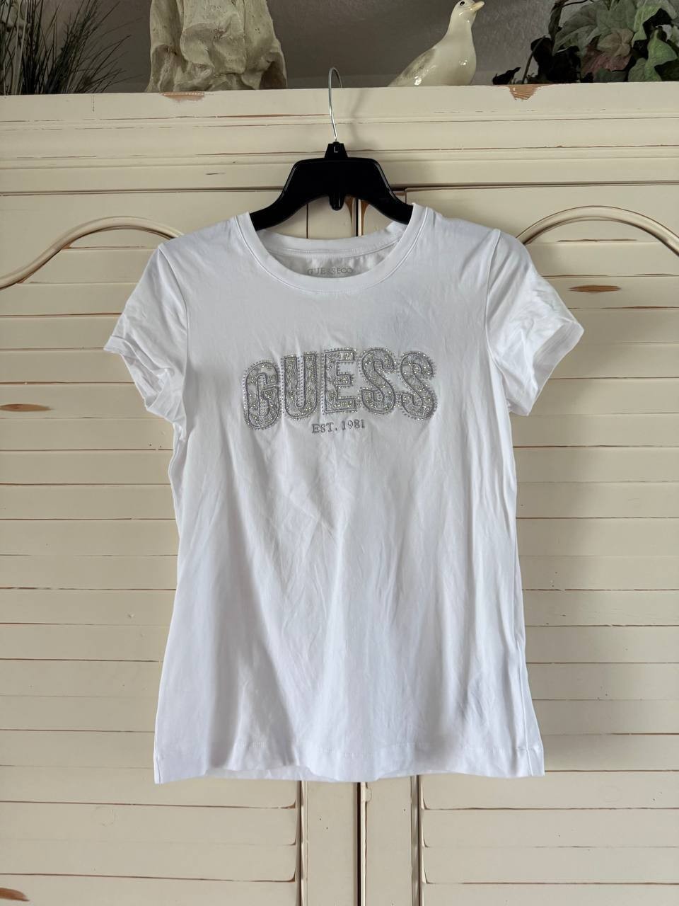 Guess Logo Lace T-Shirt White M Diamante Rhinestone Logo Tee New Tags NWT