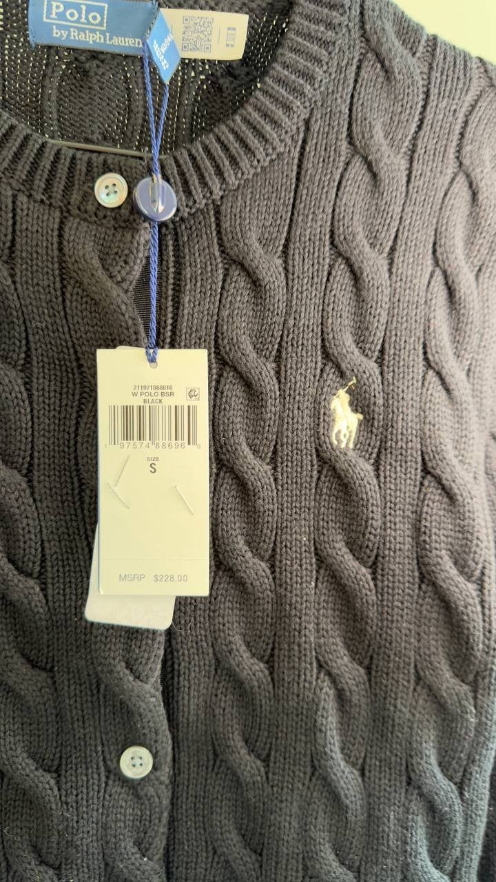 Polo Ralph Lauren Cable-Knit Cotton Crewneck Cardigan Black S NWT $228