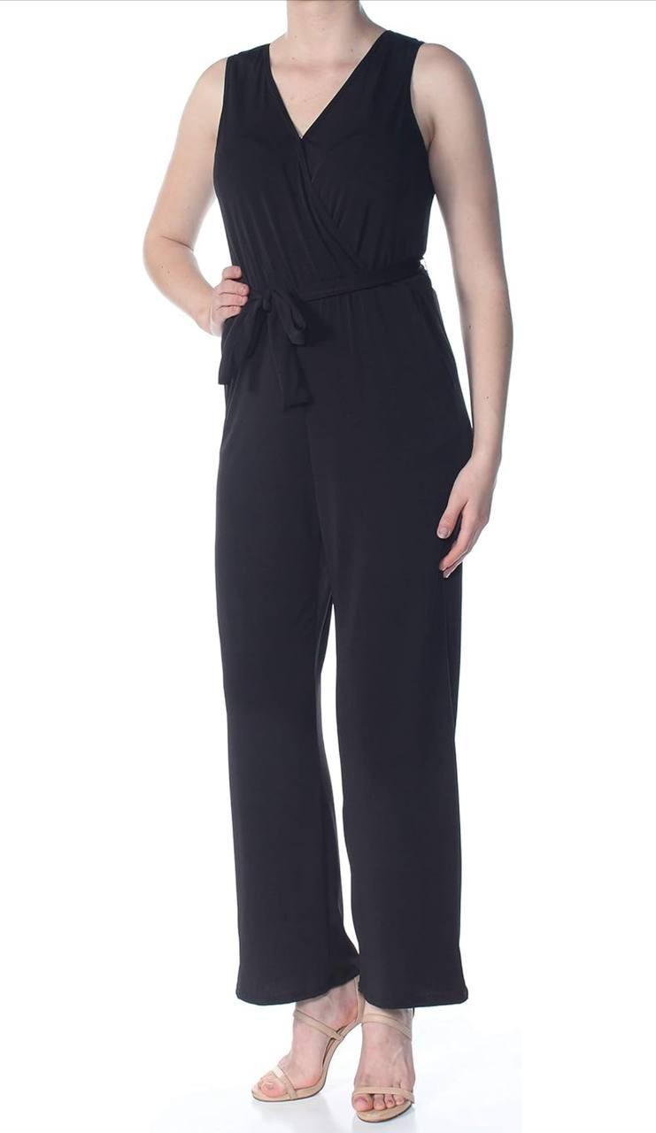 NY Collection Jumpsuit PL Black Petite Belted 3/4 Sleeve Surplice Knit NWT