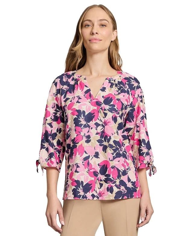 Jones New York Tie‑Sleeve Printed Split‑Neck Blouse White Multi L NWT $69.50