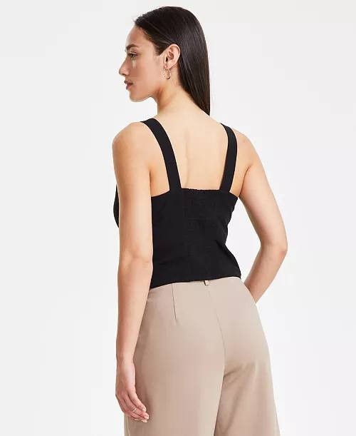 Bar III Petite Smocked Square-Neck Tank Top, Black, PS, NWT, Sleeveless