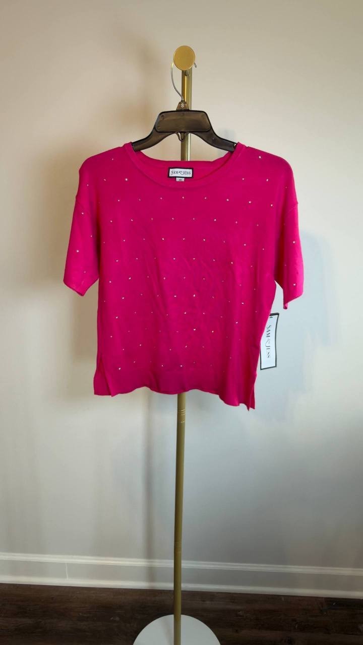 Sam & Jess Short‑Sleeve Embellished Sweater Electric Pink XS NWT $59