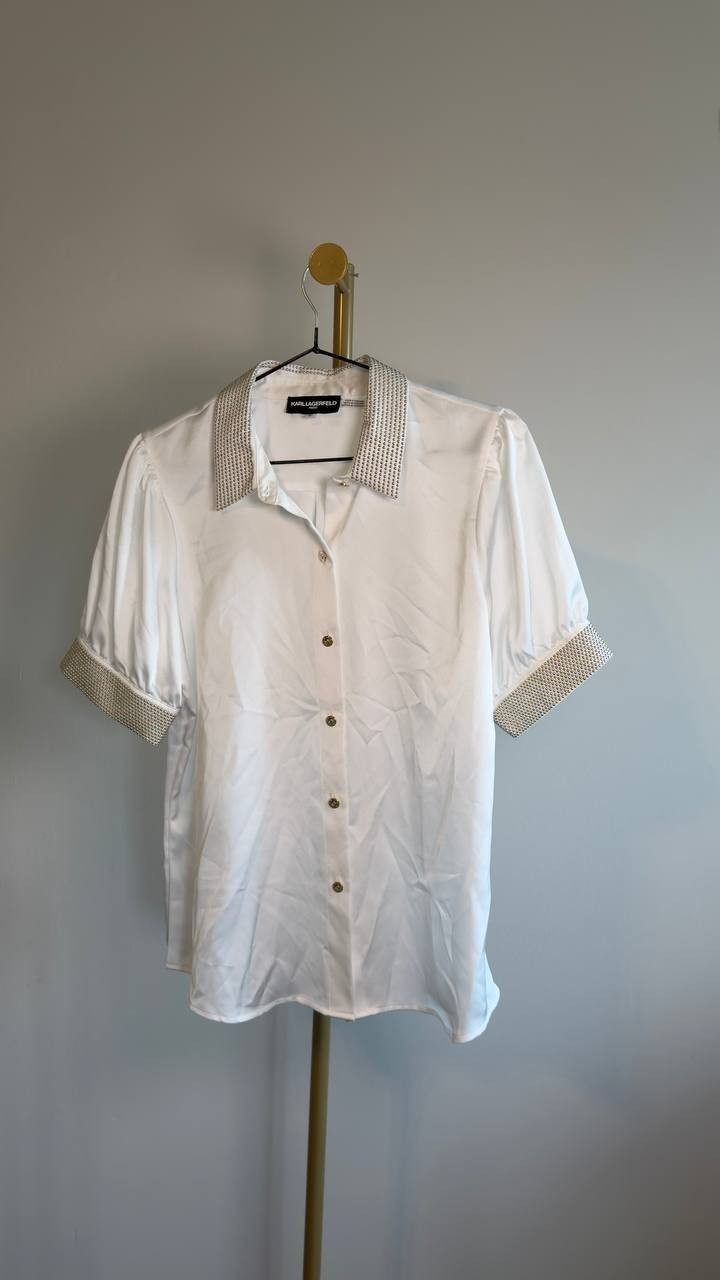 Karl Lagerfeld Paris Beaded Satin Stud Blouse Soft White M NWT $109
