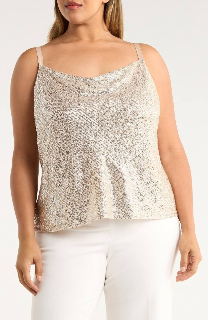 Tahari ASL Sequin Cowl Neck Camisole Nude Silver 2X NWT $79