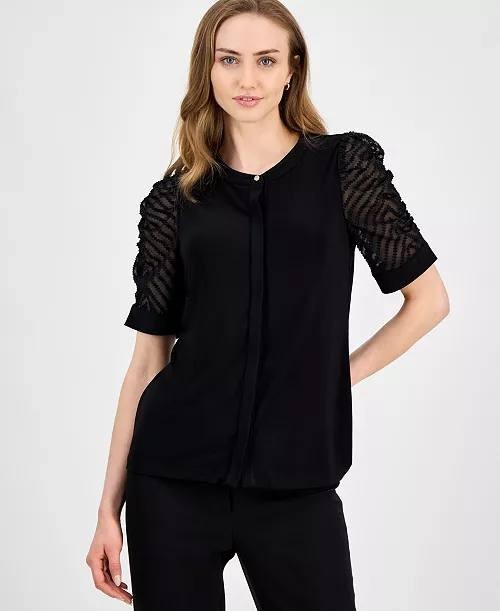 Anne Klein Mixed‑Media Elbow‑Sleeve Hidden‑Placket Top Black L NWT $89