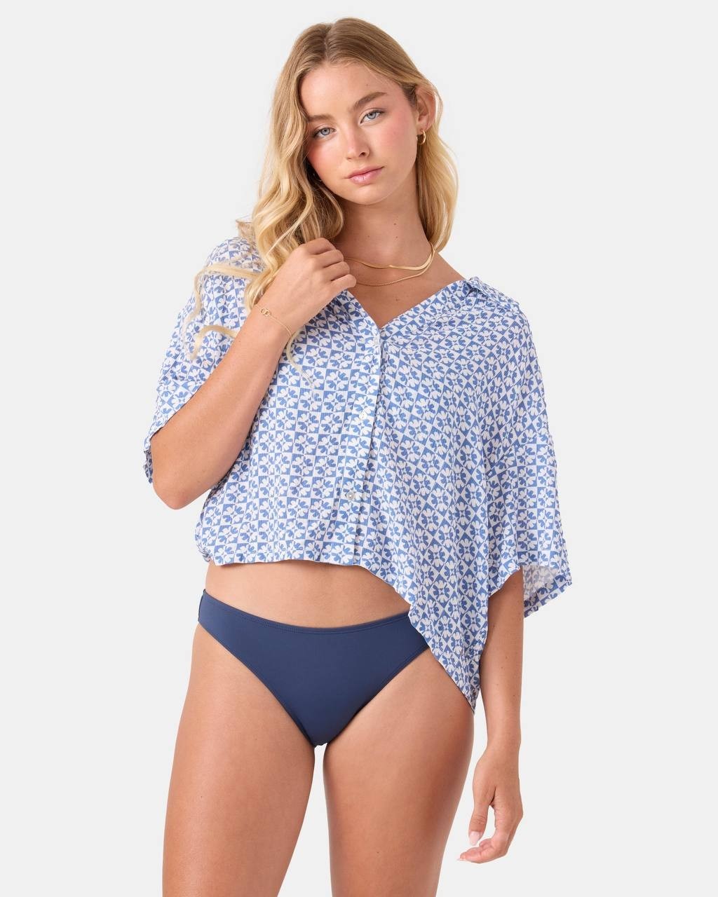 Roxy Hazy Dazy Cropped Button Up Cover Up Blue L NWT $56