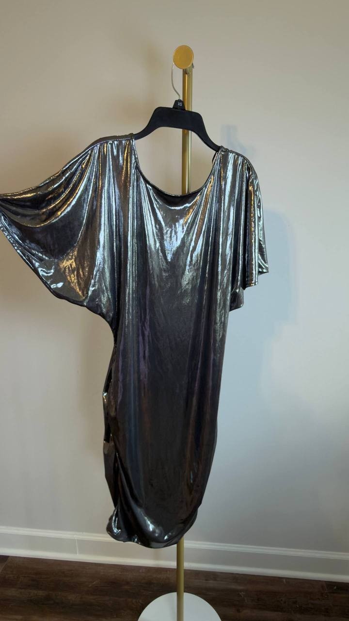 BOSS Orange Lamé Ruched Mini Dress Flutter Sleeves Grey L NWT $149
