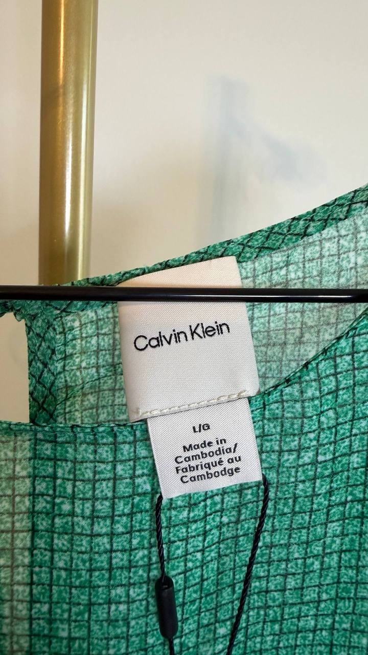 Calvin Klein Sleeveless Printed Chiffon Midi Dress Green Belted Lined Size L NWT
