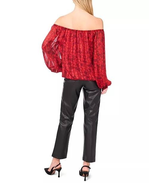 Vince Camuto Women’s Off‑Shoulder Long‑Sleeve Tie‑Hem Top Red Print $79 NWT