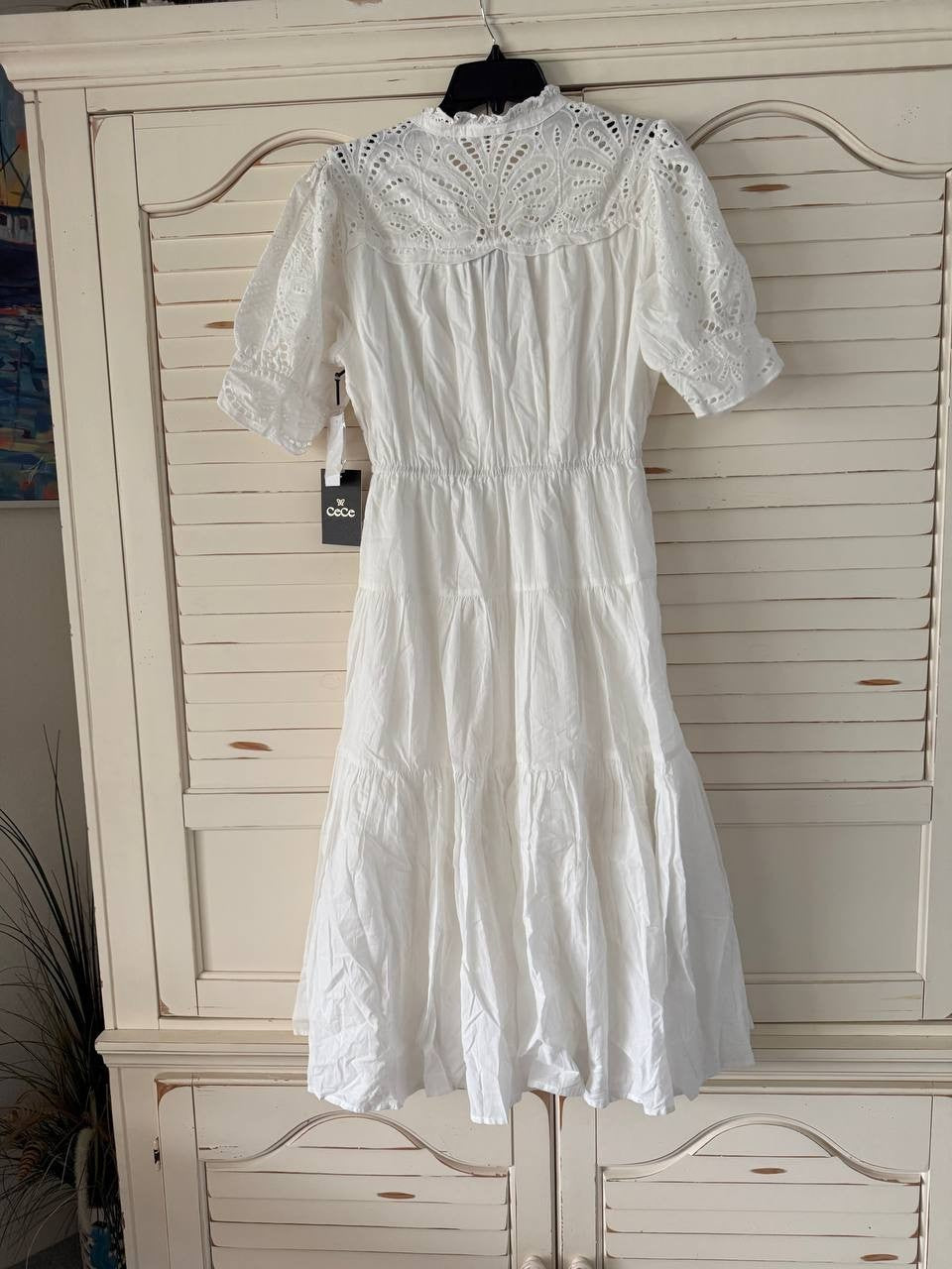 CeCe Dress 6 Ultra White Eyelet Trim Midi Puff Sleeve Belted Cotton NWT