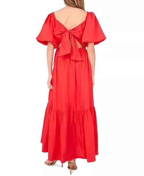 CeCe Women’s Square‑Neck Puff‑Sleeve Tie‑Back Maxi Dress Red L $109 NWT