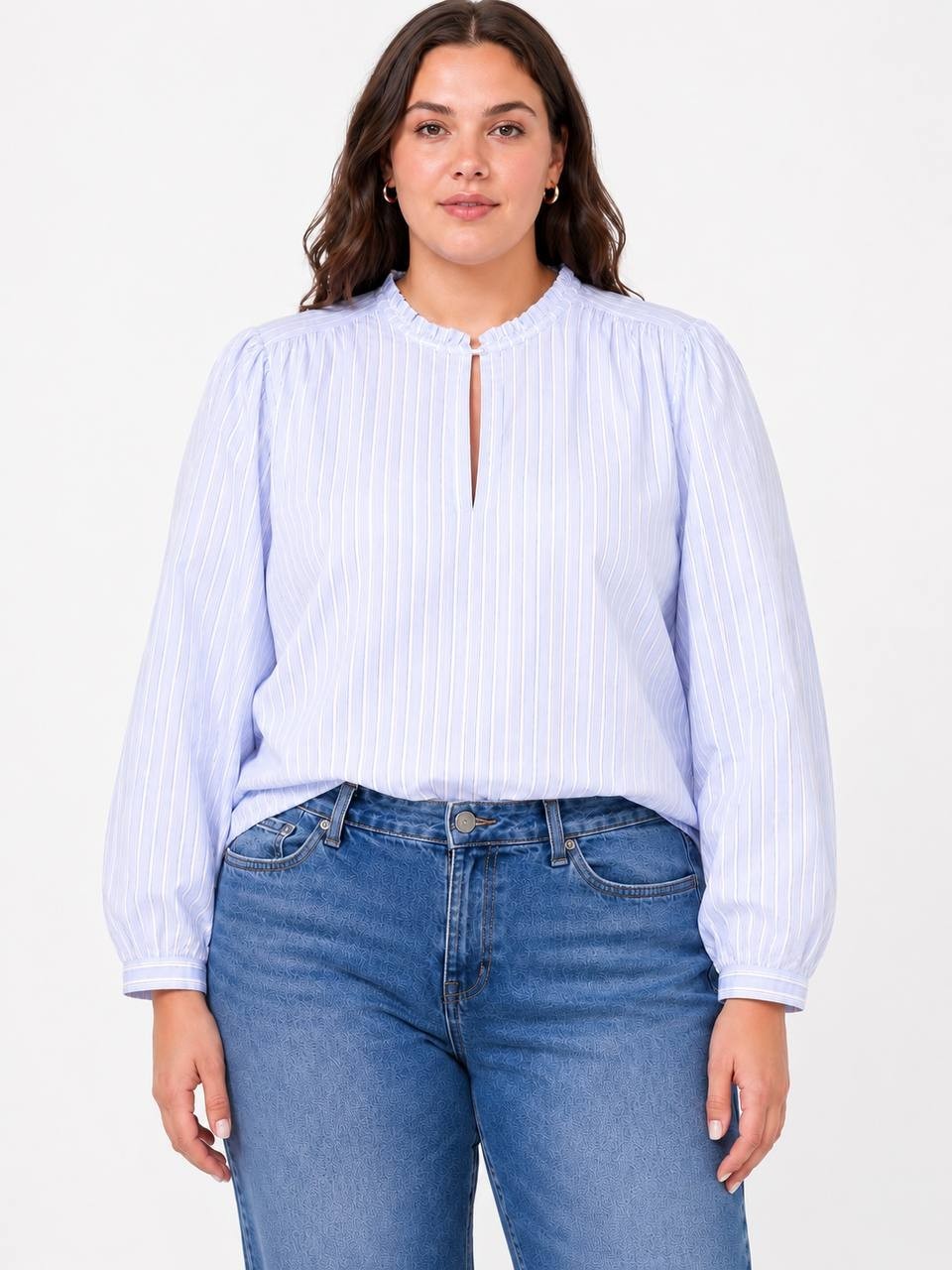 Parker Striped Ruffle‑Neck Long Sleeve Blouse Light Blue XL NWOT $188