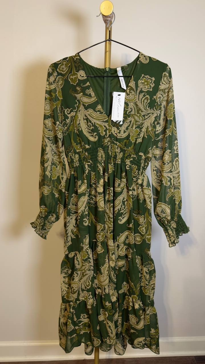 NY Collection Chiffon Dress Smocked Waist & Cuffs Green Paisley S NWT $44