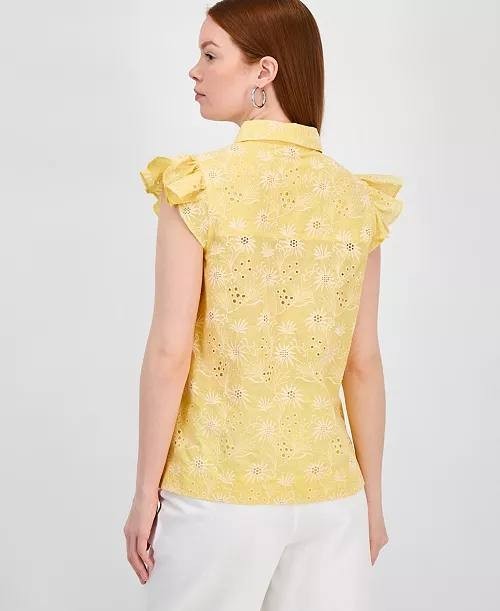 T Tahari Women’s Cotton Eyelet Flutter‑Sleeve Top Yellow $78 NWT