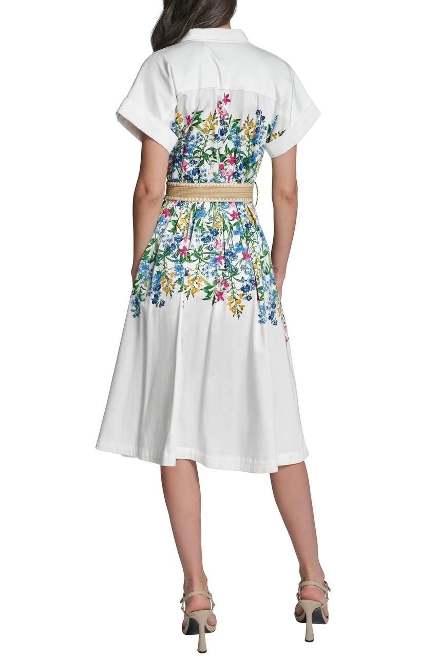 Karl Lagerfeld Paris Placed Floral Print Belted Midi Shirtdress White 10 NWT $50