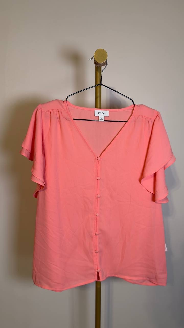 CeCe Women’s Double Flutter Sleeve Shirred Shoulder Top Coral Bloom M NWT $69