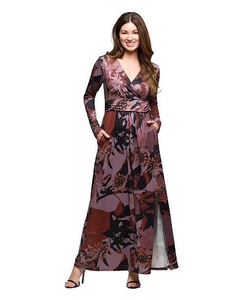24seven Comfort Apparel Gray Multi  Wrap Maxi Dress Long Sleeve 1X NWT