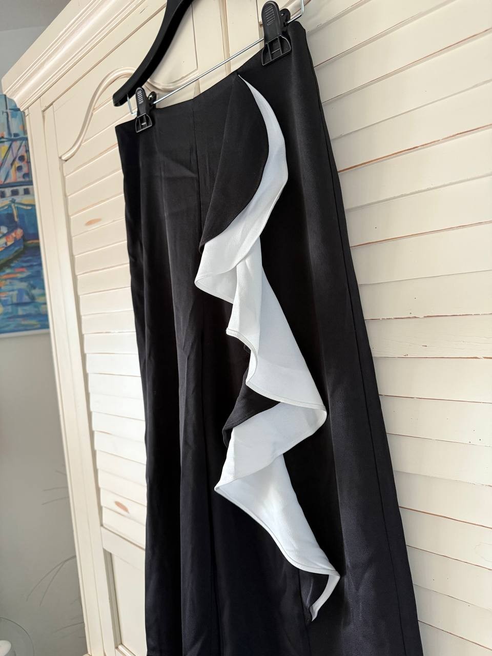BEULAHSTYLE Black Wide-Leg Pants w/ White Ruffle Size S NWT $218