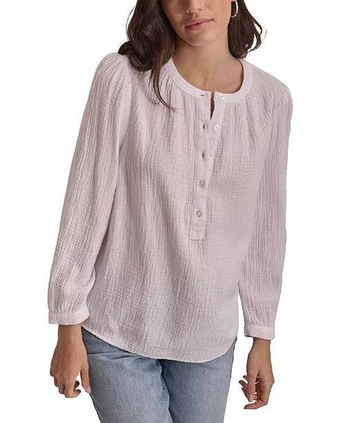 DKNY Jeans Cotton Henley Top - Bracelet Sleeve Pebble Womens M Relaxed Fit