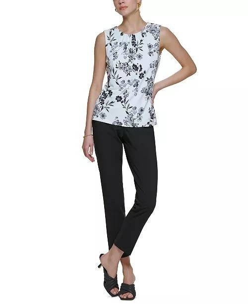 Calvin Klein Printed Pleat Neck Blouse Multi Keyhole Back SizeXL NWOT needs wash