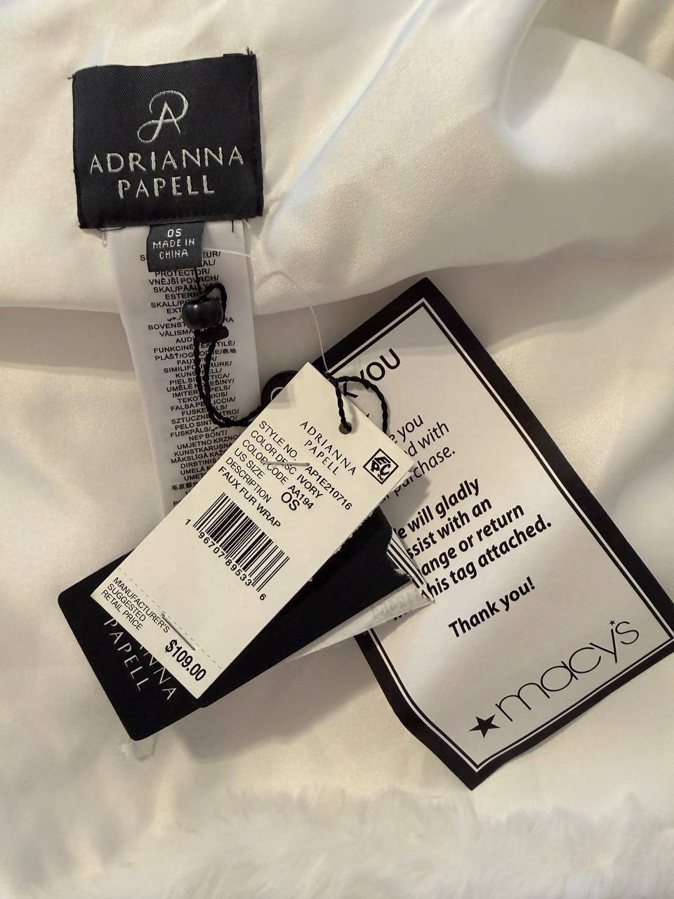 Adrianna Papell Wrap/Shawl – White–One Size – NWT – $109
