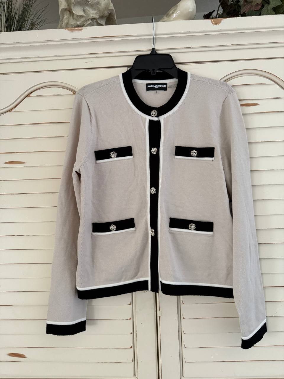 Karl Lagerfeld Paris Ivory Contrast Trim Cardigan M Womens V-Neck Knit