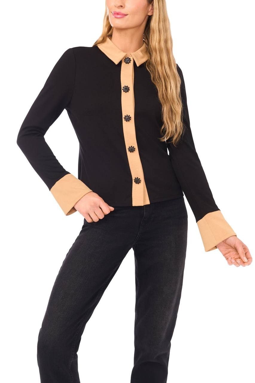 CeCe Crystal Button Knit Button‑Up Shirt Rich Black M NWT $79