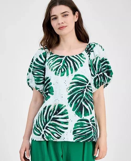 Anne Klein Women’s Eyelet Leaf‑Print Puff Sleeve Top Green M $99 NWT