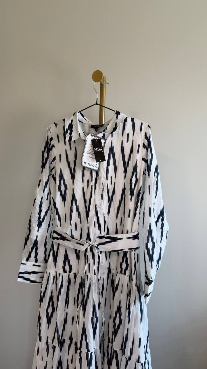MSK Self‑Belt Long‑Sleeves Maxi Dress White/Black M NWT $109