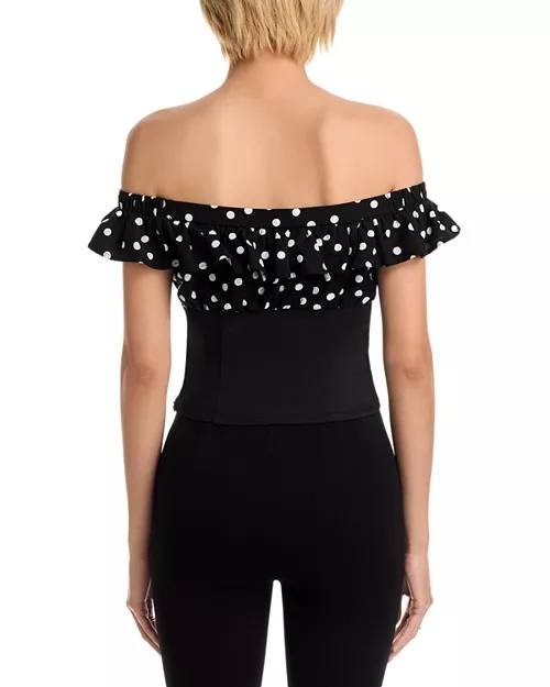 FORE Polka Dot Off-Shoulder Top for Women, Black, Size L, NWT, Ruffle Trim