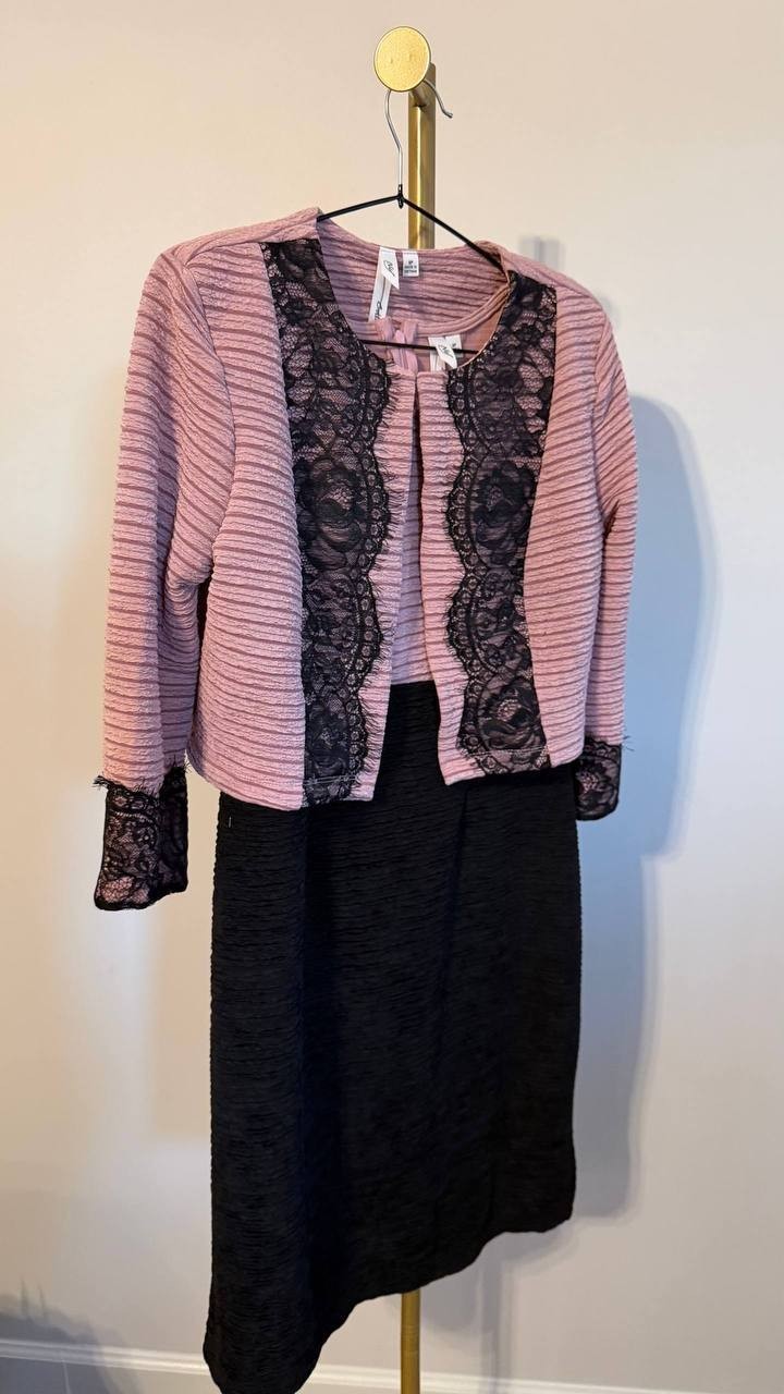NY Collection Petite Lace‑Detail 2‑Piece Dress Set Blush Black 8P $62 NWT