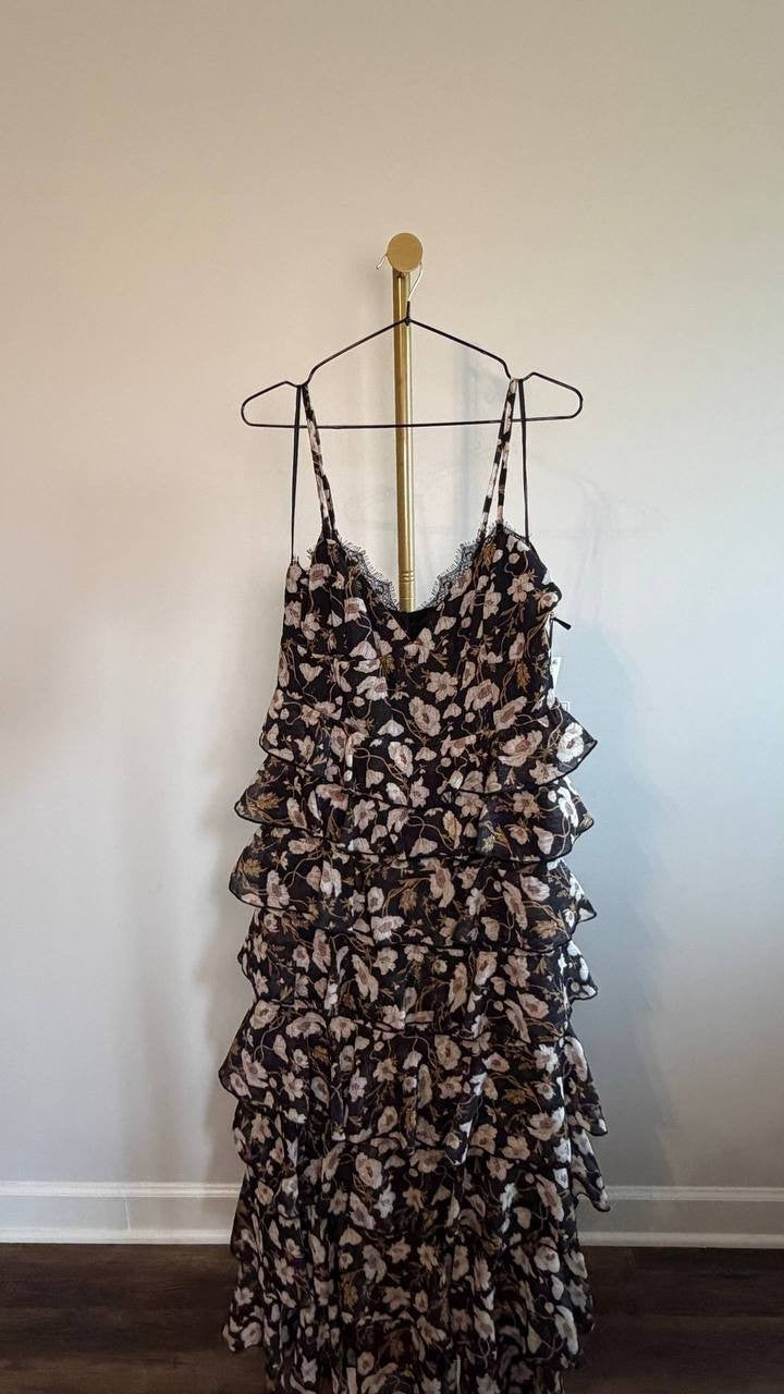 1.STATE V‑Neck Tiered Floral‑Print Maxi Dress Reach Black L NWT $139