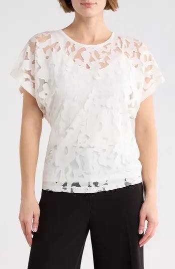 BOSS Orange Floral Lace Flutter Sleeve Top Open White XL NWT $99
