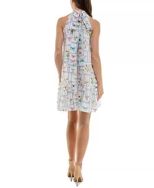 Taylor Mock‑Neck Butterfly‑Print Ruffled‑Hem Dress White Multi 10 NWT $70