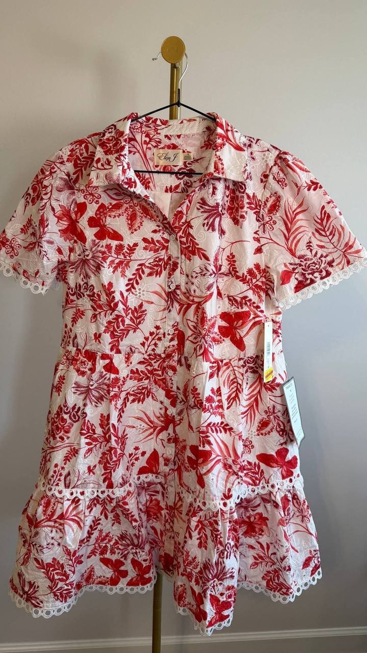 Eliza J Women’s Printed Button Front Cotton Dress Red White 10 $158 NWT