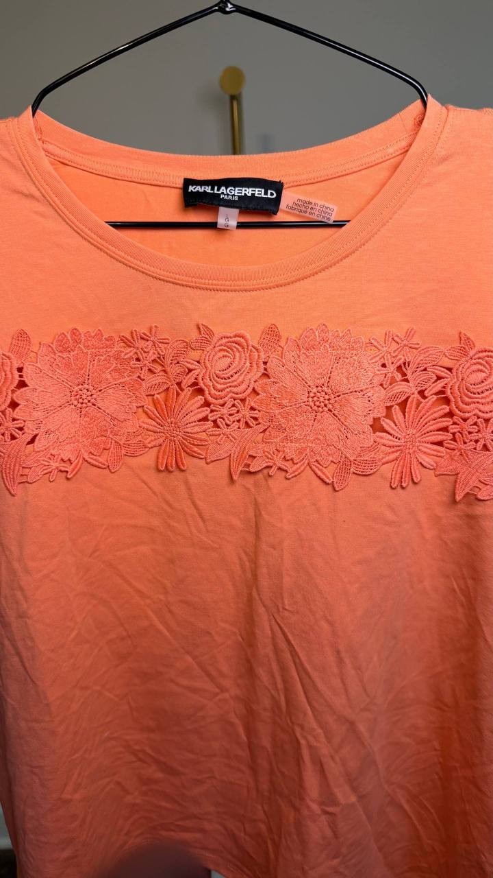 Karl Lagerfeld Paris Lace Trim Tee Peach L NWT $79