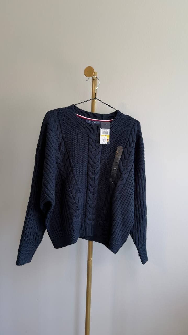 Tommy Hilfiger Traveling Cable Crewneck Sweater Sky Captain M NWT $79.50