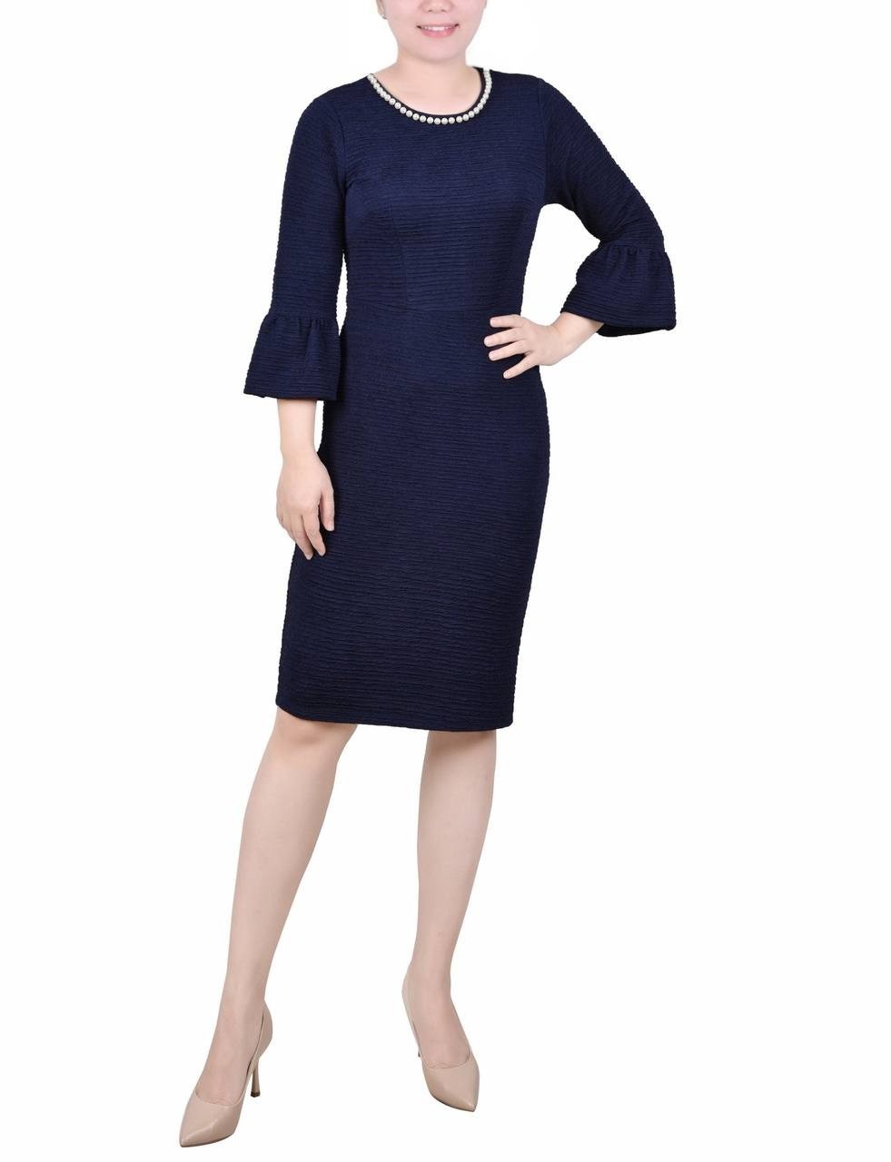 NY Collection Women’s Pearl Detail 3/4 Sleeve Dress Navy 3X Petite $65 NWT