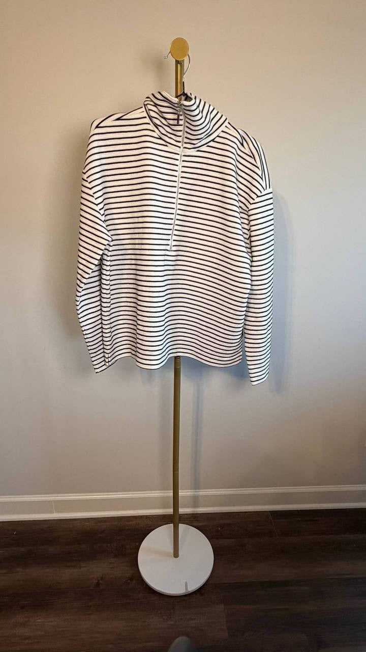 Jones New York Petite Metallic Striped Zip‑Neck Top Black/Silver L NWT $89.50