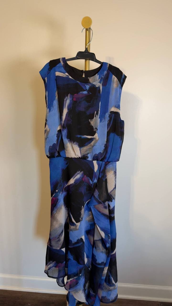 DKNY Printed Blouson Asymmetric‑Hem Dress Blue Brush Stroke 4 NWT $129