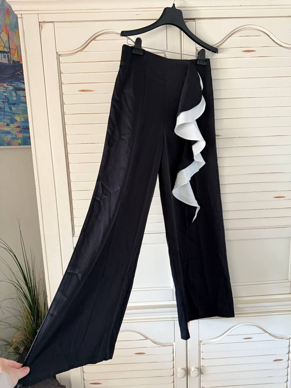 BEULAHSTYLE Black Wide-Leg Pants w/ White Ruffle Size S NWT $218