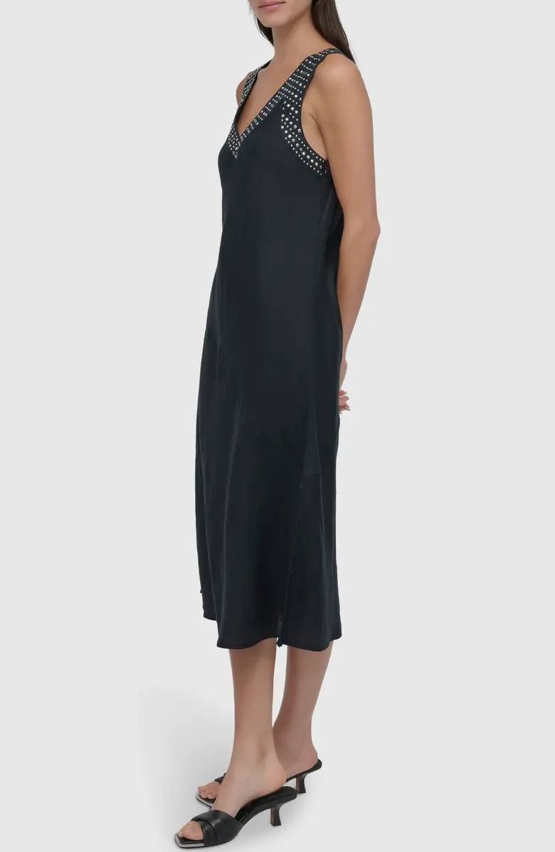 DKNY Stud Detail Linen Midi Dress Black Size M NWT $139