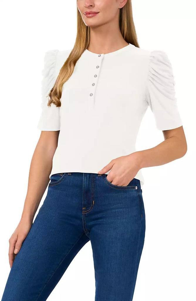 CeCe Shirred Sleeve Embellished ButtonTop New Ivory Crewneck SizeS NWOT$59 snags