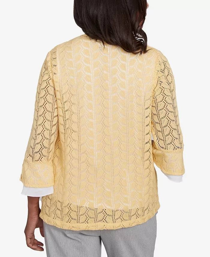 Alfred Dunner Women’s 2‑in‑1 Pointelle Knit Top Yellow White 2X $79.50 NWT
