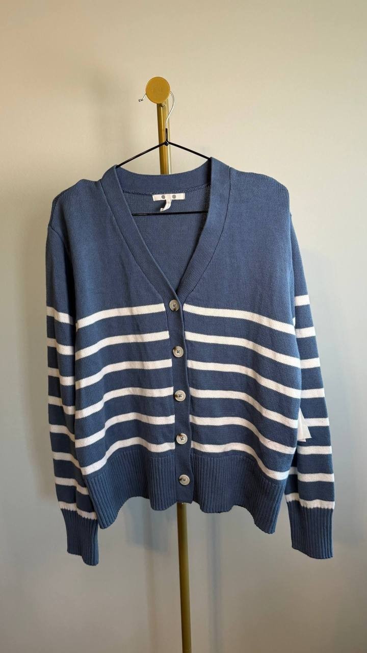 Three Dots Women’s Mackenzie Knit Button Cardigan China Blue Stripe M $49 NWT