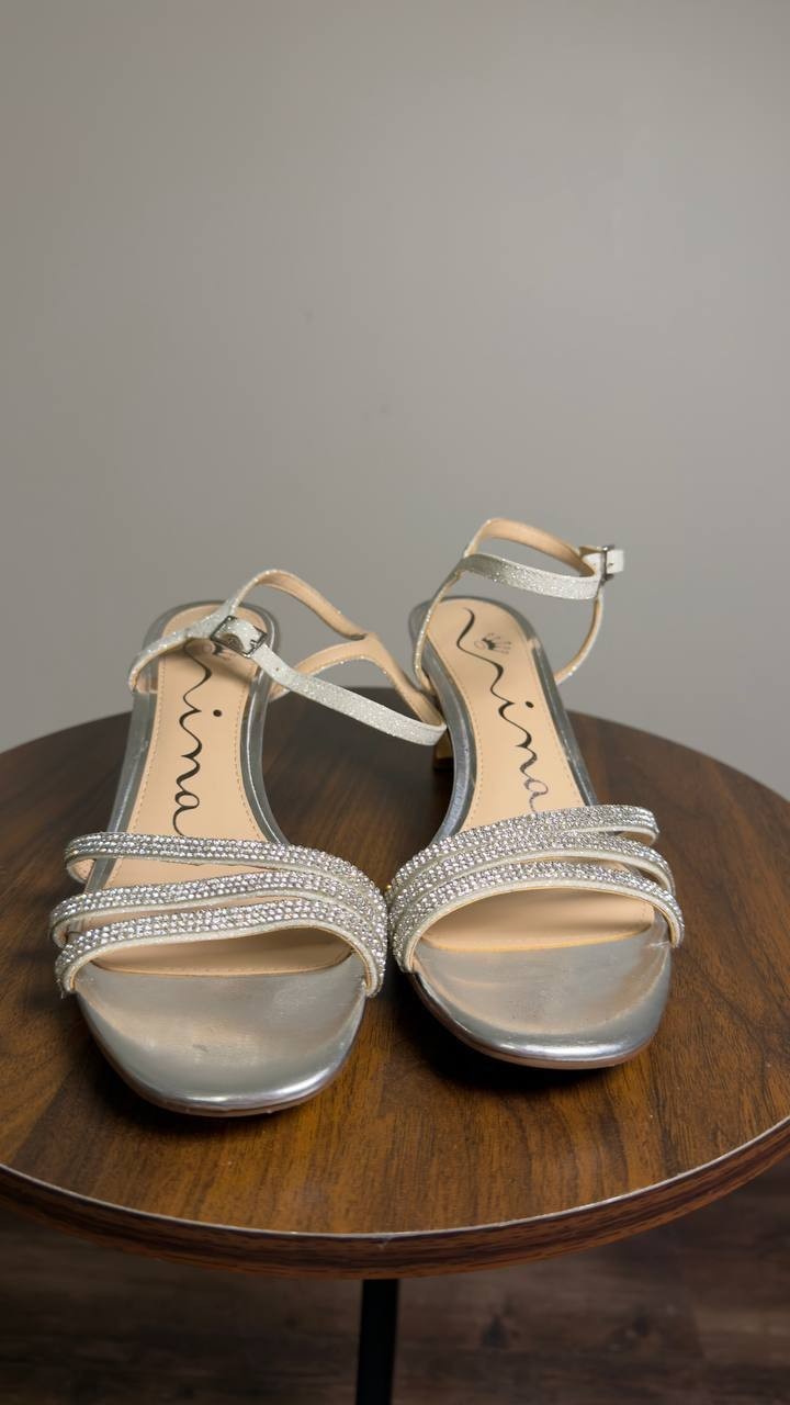 Nina  Bettany  Mid  Heel  Crystal  Straps  Dress  Sandals  Silver  8M  New  $89