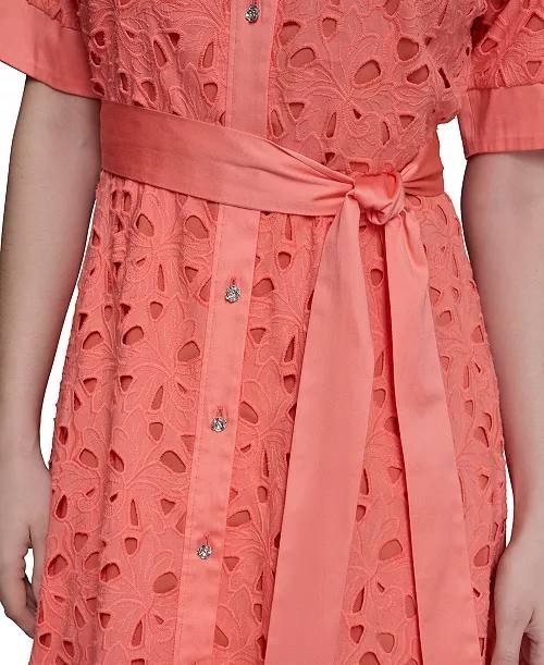 Karl Lagerfeld Paris Petite Eyelet Button‑Front Dress Terracotta 8P NWT $199
