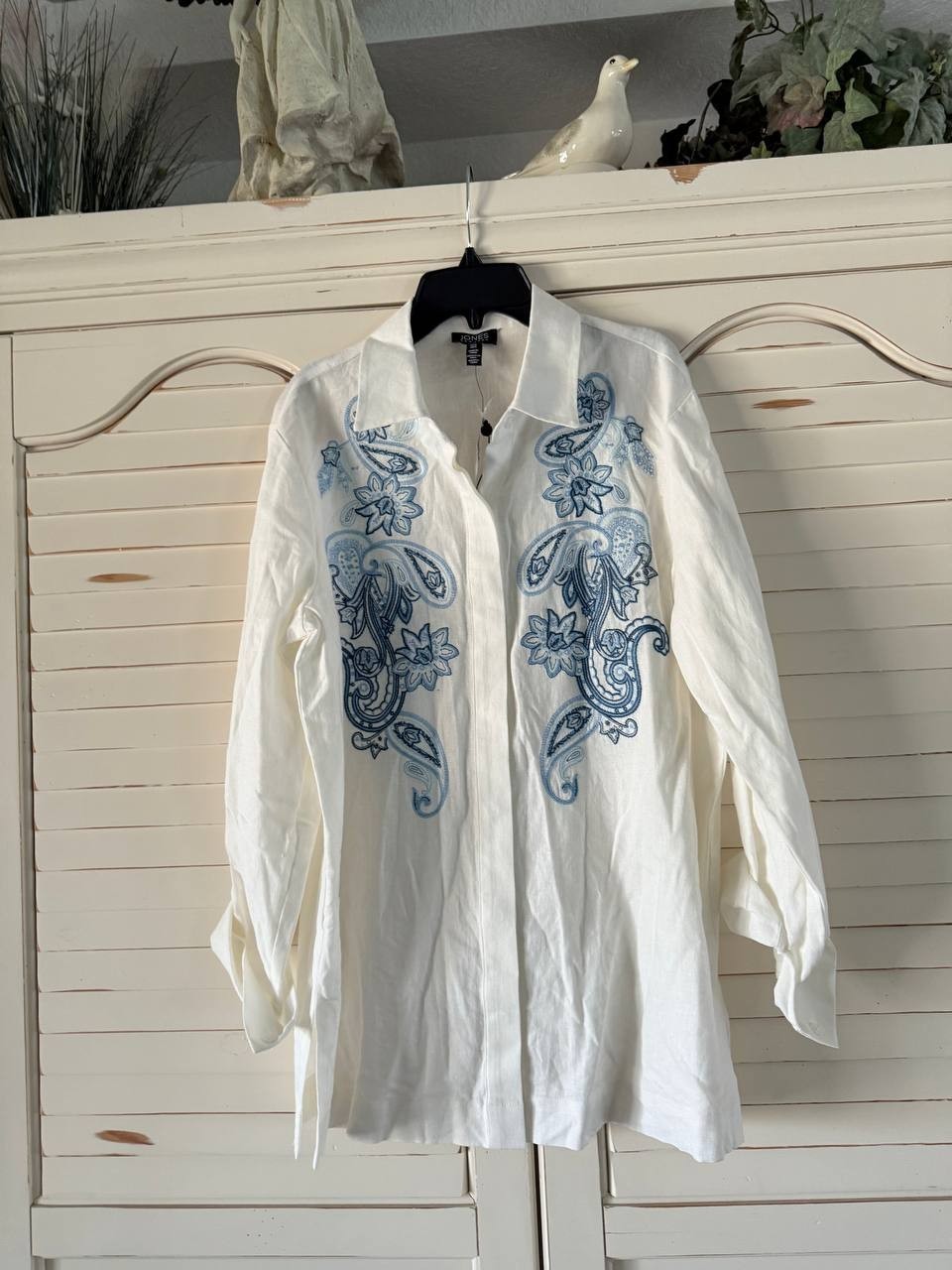 Jones NY Button-Front Embroidered Blouse Linen Blend Size M White  $89