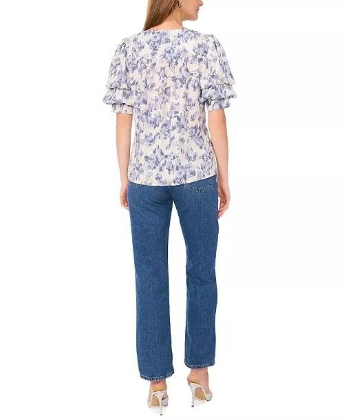 Sam & Jess Floral‑Print Bubble‑Sleeve Top Floral Multi XL NWT $59