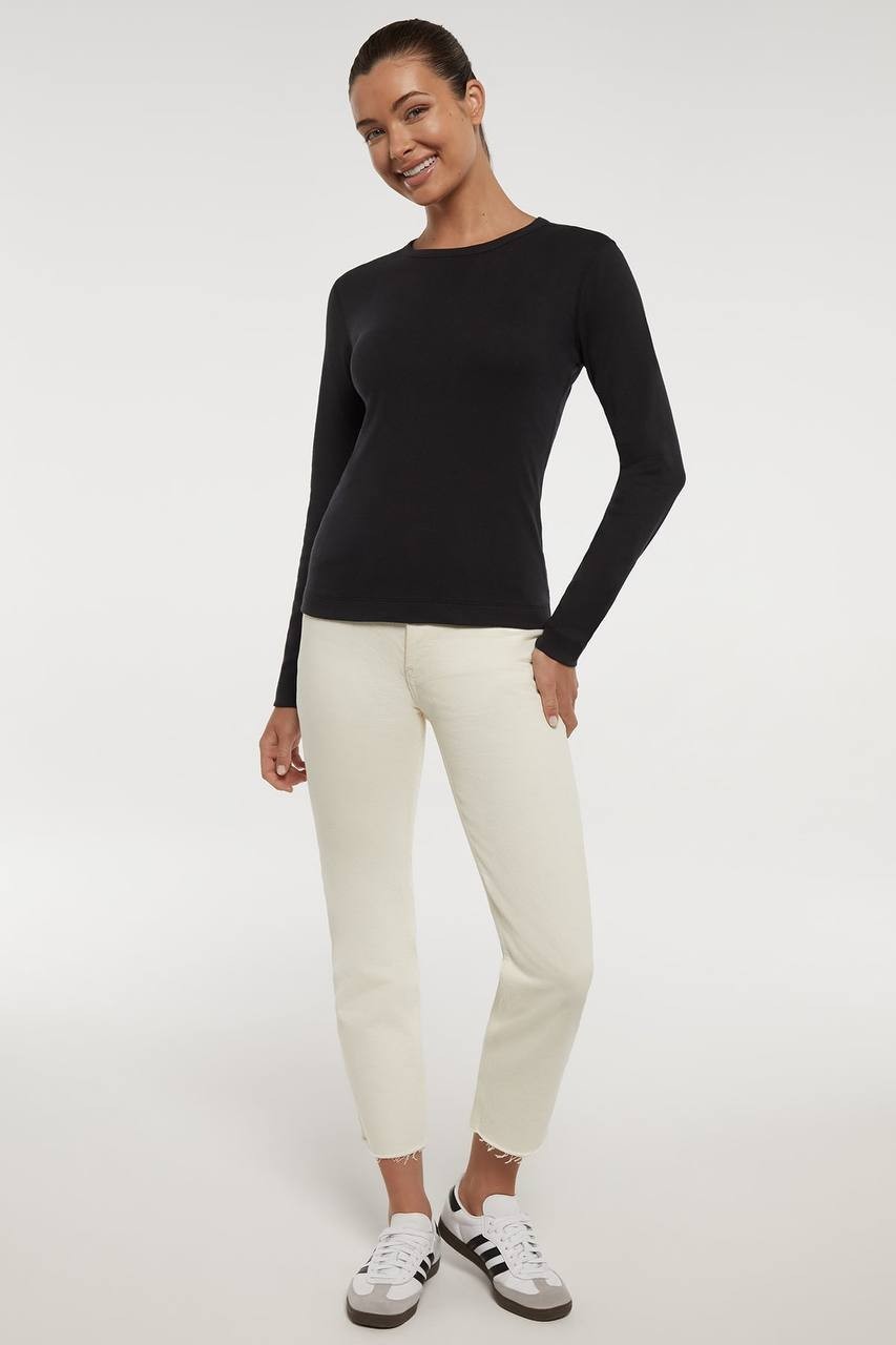 Three Dots Ribbed Crew Neck Long Sleeve Tee Black NWT - Women's Size L